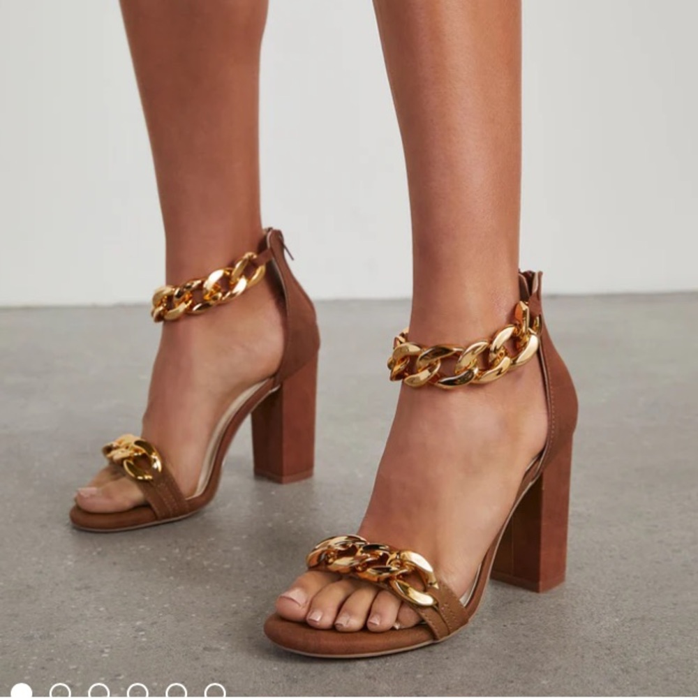Vici Brown Suede Block Heel Sandals with Gold Chain